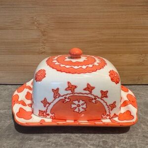 Anthropologie Orange and White Ceramic Butter Dish